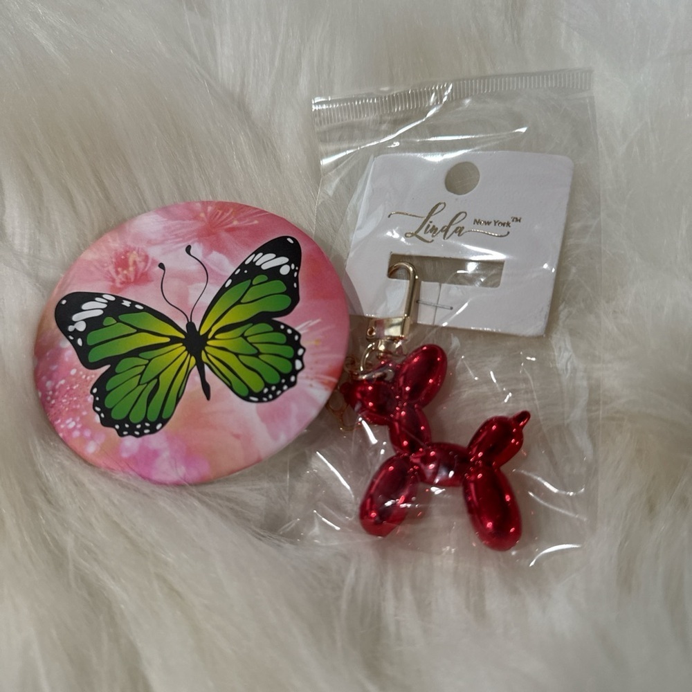 Butterfly Compact Mirror with Red Balloon Dog Keychain/ Bag Charm